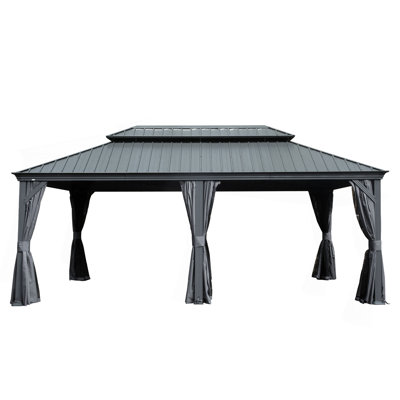 Pavillon de jardin extérieur en métal 12 pi x 18 pi avec toit double en acier galvanisé, structure en aluminium, rideaux et filet pour patio, terrasse, jardin