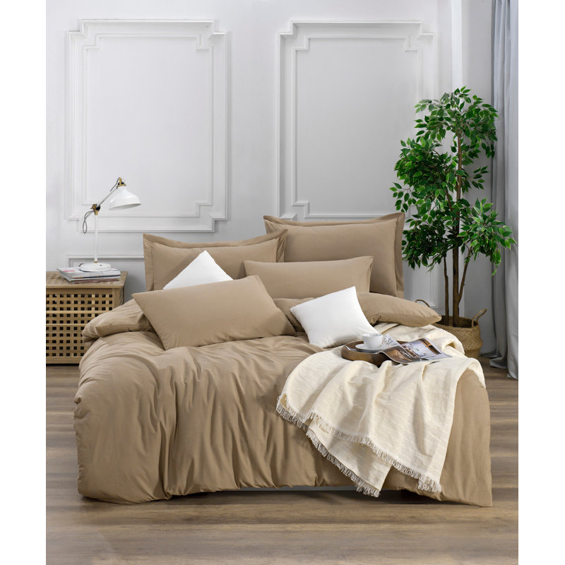 Ensemble de housse de couette 100% coton, Housse de couette double TG + 2 taies d'oreiller s, Brun pâle