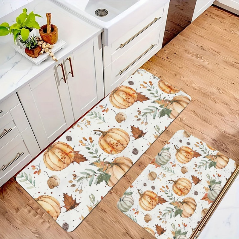 Tapis de cuisine blanc à motif de citrouille aquarelle, ensemble de 2, pour cuisine et salle de bain