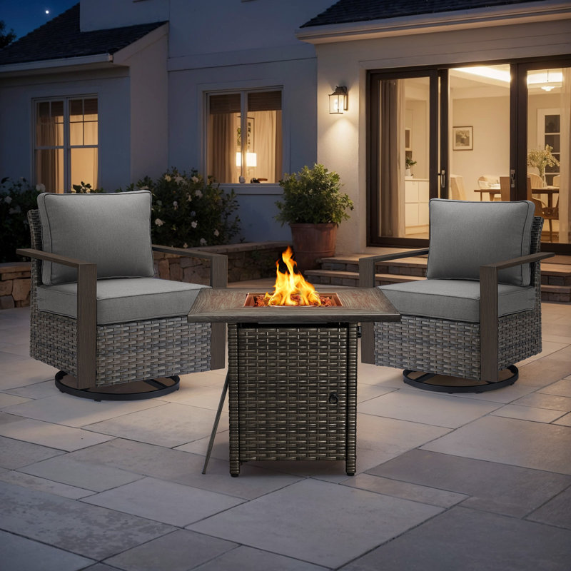 Drazen 2 - Person Patio Furniture Set With Fire Pit Table, All-Weather Wicker Outdoor Conversation Set With Chair And Thick Cushions