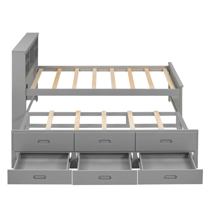 Twin Size Platform Bed With Storage Headboard, Usb, Twin Size Trundle And 3 Drawers, Gray