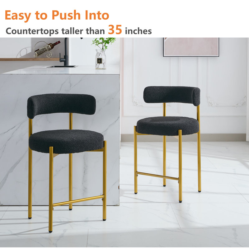 Luxurious Black Bouclé Upholstered Gold Metal Counter Stools, Set of 2