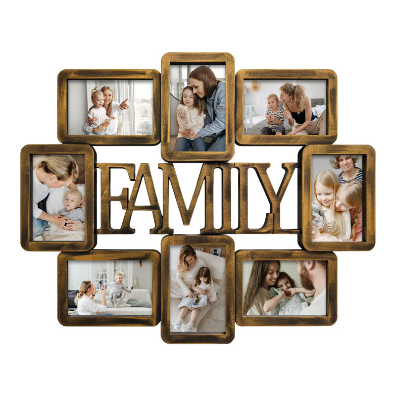 Cadre 8 photos en PVC blanc avec collage de famille avec centre de lettres 3D Family, cadre mural irrégulier pour photos de famille uniformes 4 x 6, doré
