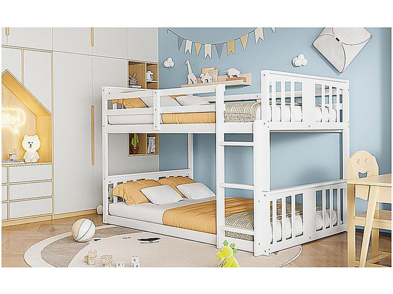 Double-Deck Bed with Stairs, White, White