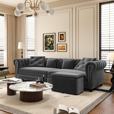Canapé Chesterfield, canapé-lit gigogne 3 en 1 de 89 po, canapé-lit convertible, canapé-lit très grand, méridienne, canapé en velours 3 places avec repose-pieds mobile, conception capitonnée, gris (ancien numéro de modèle: W1885S00173)