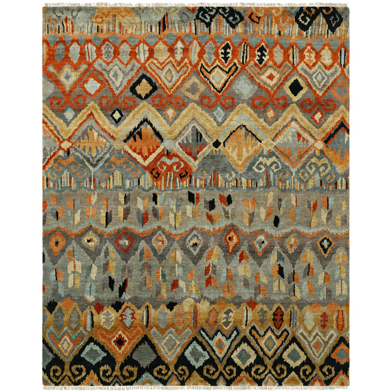 Artisan Hand Knotted Wool Southwestern Area Rug in Steel Blue; Earth; Ivory; Rust, Rectangle 8' x 10'