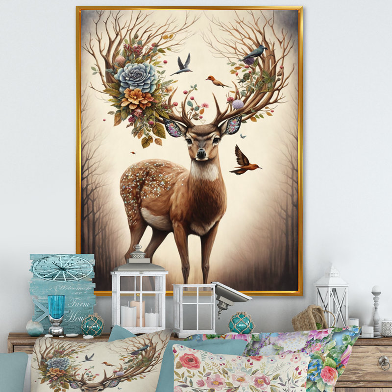 «Deer with Blooming Antler II», reproduction sur toile, H 32 po x l 24 po x P 1 po, Toile avec cadre flottant or