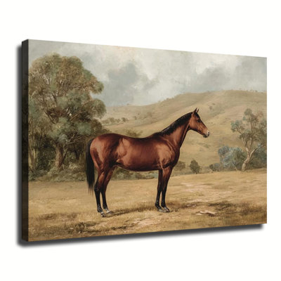 «Vintage Chestnut Horse In Rolling Hills», reproduction d'art sur toile tendue pour grand salon
