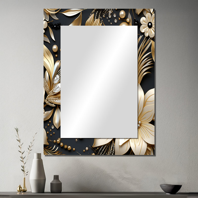 Or doré et fleurs noires élégantes - miroir mural décoratif glamour, grand miroir moderne, impression d'art en métal