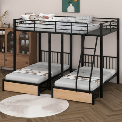 Lit double superposé double au-dessus de simple et simple en métal avec tiroirs et garde-corps, lit superposé pour 3 personnes, aucun sommier nécessaire