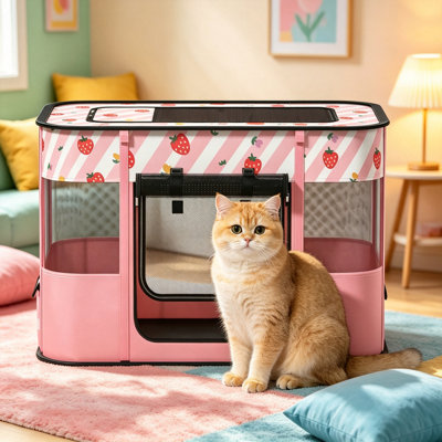 Pink Foldable Pet Playpen, Portable Indoor Outdoor Cat Cage Crate, Breathable Mesh Kitten Play Tent for Small Animals, 27.6 x 21.7 x 17.7 inches