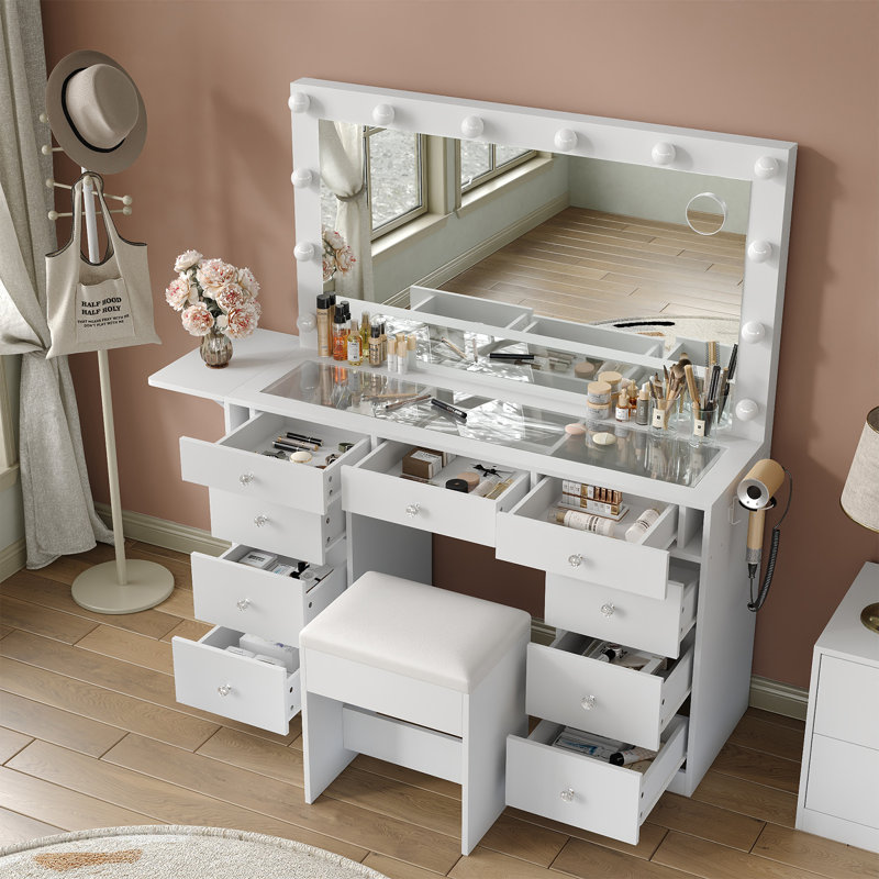 Makeup Vanity with Mirror and Lights, 3 Lighting Modes,Vanity Desk with Power Outlet ,9 Drawers Makeup Table with Chair, Glass Top vanity set