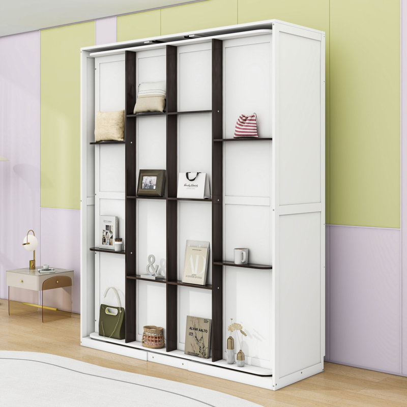Grand lit escamotable en bois avec tablettes intégrées, Blanc