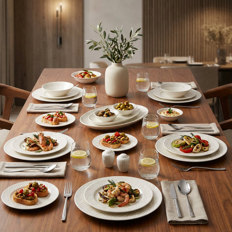 Linear Flow White and Platinum Porcelain Dinnerware Set (62-Piece Service for 12)