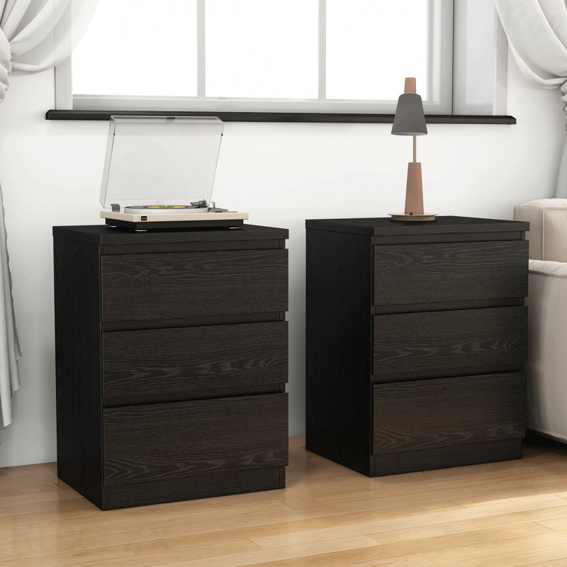 Ensemble de 2 tables de chevet 3 tiroirs noires de 19,7 pouces avec table sans poignée, Noir, Ensemble de 2