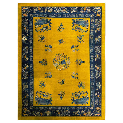 1920s Bright Yellow Weiqi Game of Go Antique Chinese Peking Rug 10'x13'6" Carpet