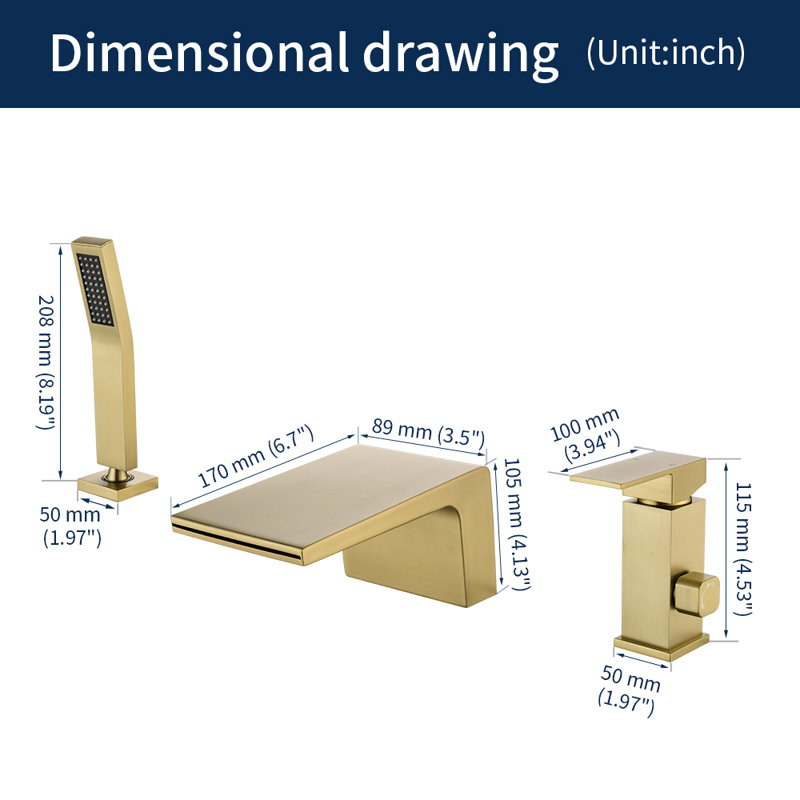 Roman Deck Waterfall Faucet with Diverter, Brushed Gold