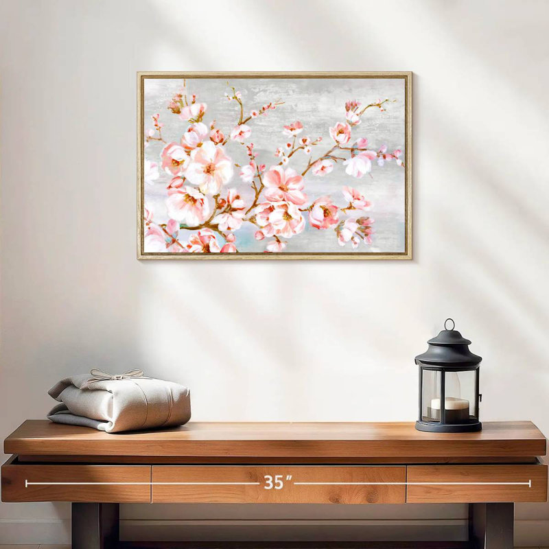Fleurs de cerisier au printemps, 19 po x 13 po, Cadre flottant en bois naturel