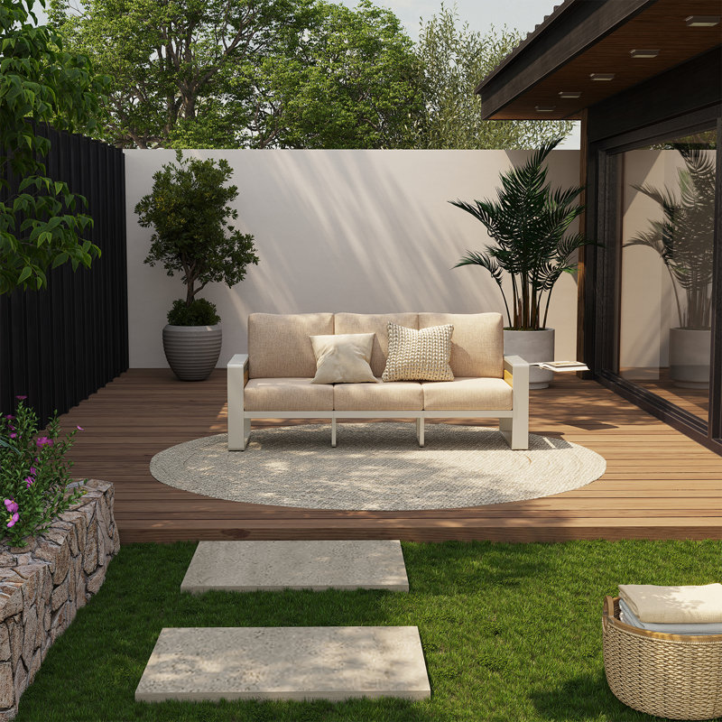 Patio Outdoor Aluminum 3-Seat Sofa With Thick Cushions, Beige