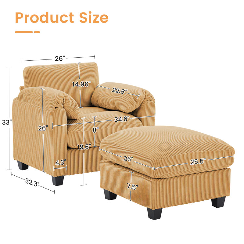 Fauteuil d'appoint 34,6 po avec repose-pieds, Velours côtelé jaune