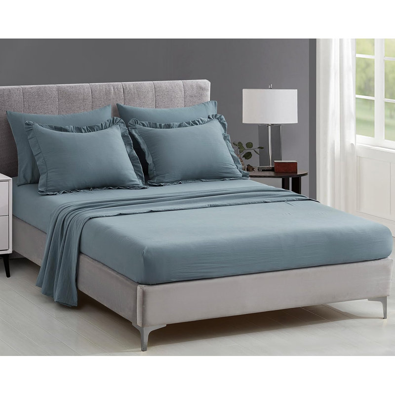 Ruffled Edge Microfiber Bed in a Bag Comforter Set, Queen Comforter + 6 Additional Pieces, Dusty Blue