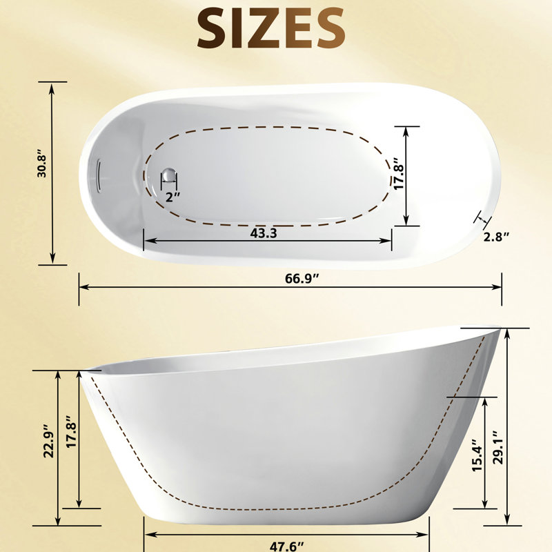 Freestanding 67 - Inch Oval Bathtub, Gloss White Finish, Overflow, Pop Up Drain, , Contemporary Design, Acrylic Soaking Tub For Bathroom