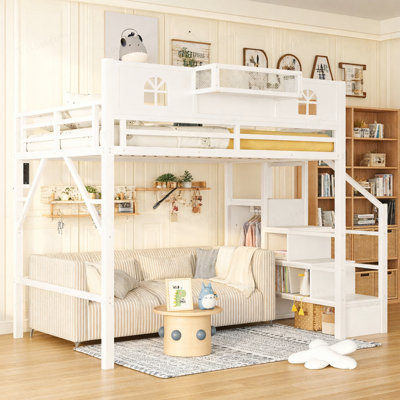 Full Size Loft Bed with Stairs, Metal Full Loft Bed with High and House Shaped Guardrails, High Loft Bed with Wardrobe