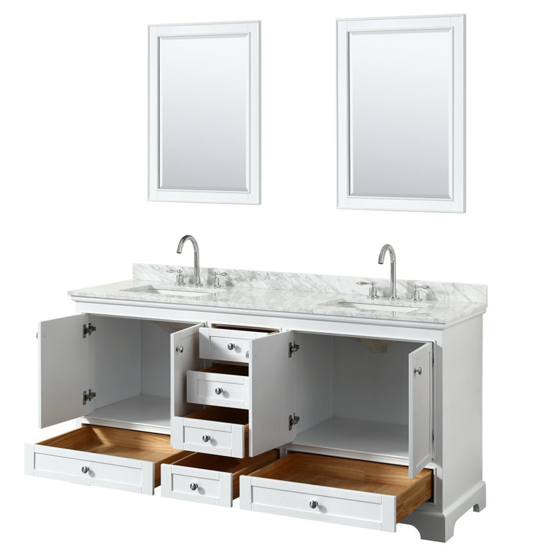 Deborah 72'' Double Bathroom Vanity with Marble Top, White, Brushed Gold