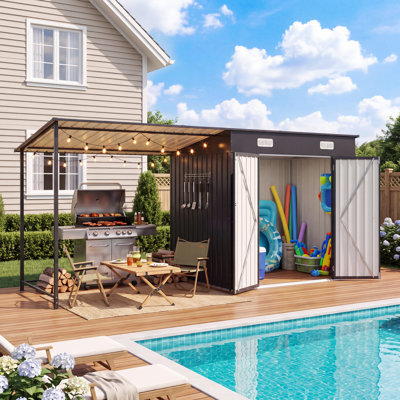 12x4 FT Metal Lean to Shed with Open-Sided Pergola,2-in-1 Durable Garden Tool Shed with Lockable Door and Vents for Patio, Backyard, Deck