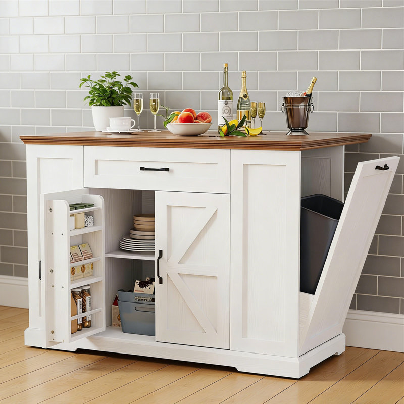 Rolling Kitchen Island With Storage & Drop Leaf - Mobile Cart On Wheels With Trash Can Compartment, Multi-Function Table For Kitchen & Dining Room