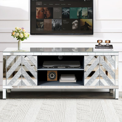 Mirrored Tv Cabinet For 65/ Inch Tvs, Sliver With 2 Storage Sections & Open Space, Modern Living Room Essential Stand Doors, Cabinets Decor