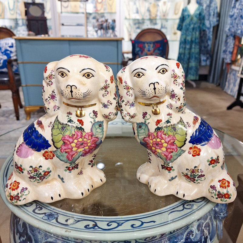 Porcelain Staffordshire Dog Figurines Pair, Blue floral