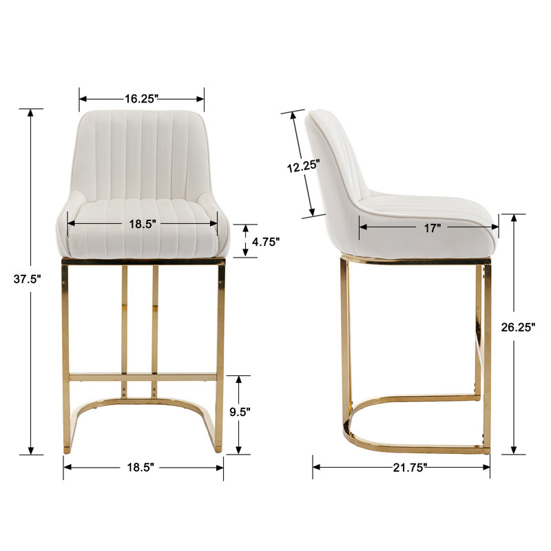 Beige Velvet Upholstered Counter Stools with Gold Metal Base, Set of 2