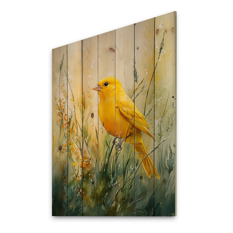 Oiseau canari dans les fleurs III - Art mural en bois oiseau - sur bois de pin naturel, H 40 po x l 30 po x P 0,78 po