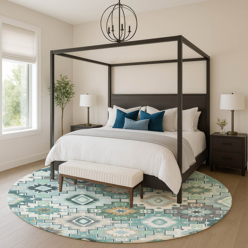 Premium Machine Washable Mayfield  Ethnic Rug, Teal, 8' Round