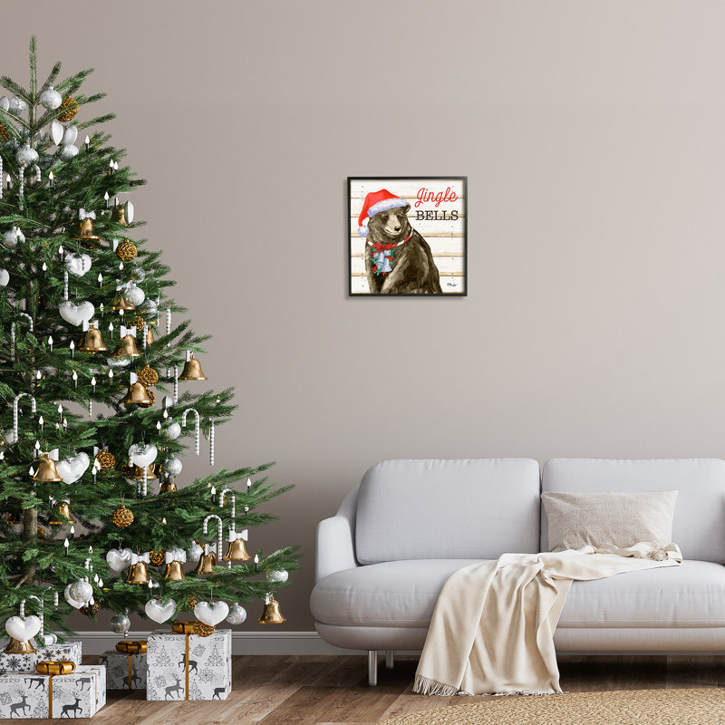 Rustic Jingle Bells Bear par Paul Brent, H 17 po x l 17 po x P 1,5 po, Giclée encadrée noir minuit
