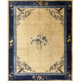 Wool Antique 1920s Blue Ivory Beige Cream White Rectangle Hand Knotted Pile Rug