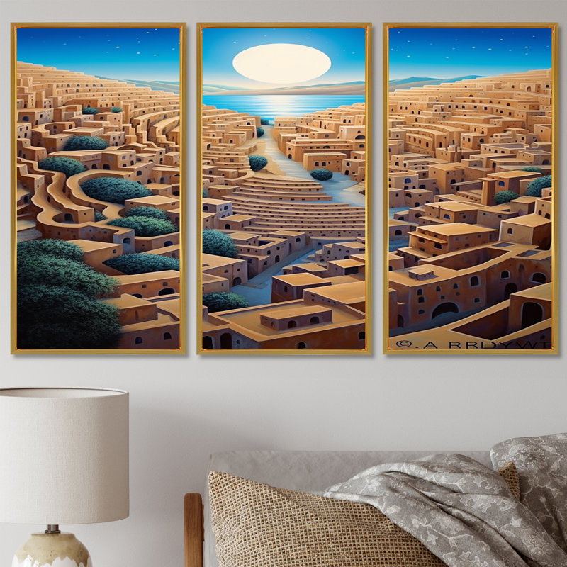 Ensemble d'art mural Tercel - City Buildings, Cadre flottant doré, H 32 po x l 48 po x P 1 po