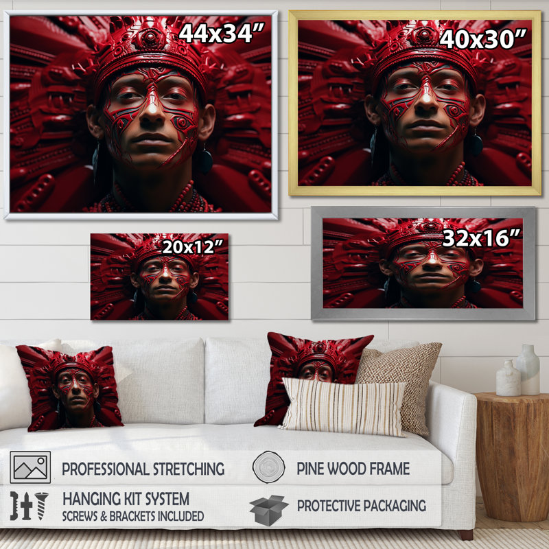 Rouge et noir, portrait de Guerrier aztèque I - impressions sur toile d'Afrique, H 16 po x l 32 po x P 1 po