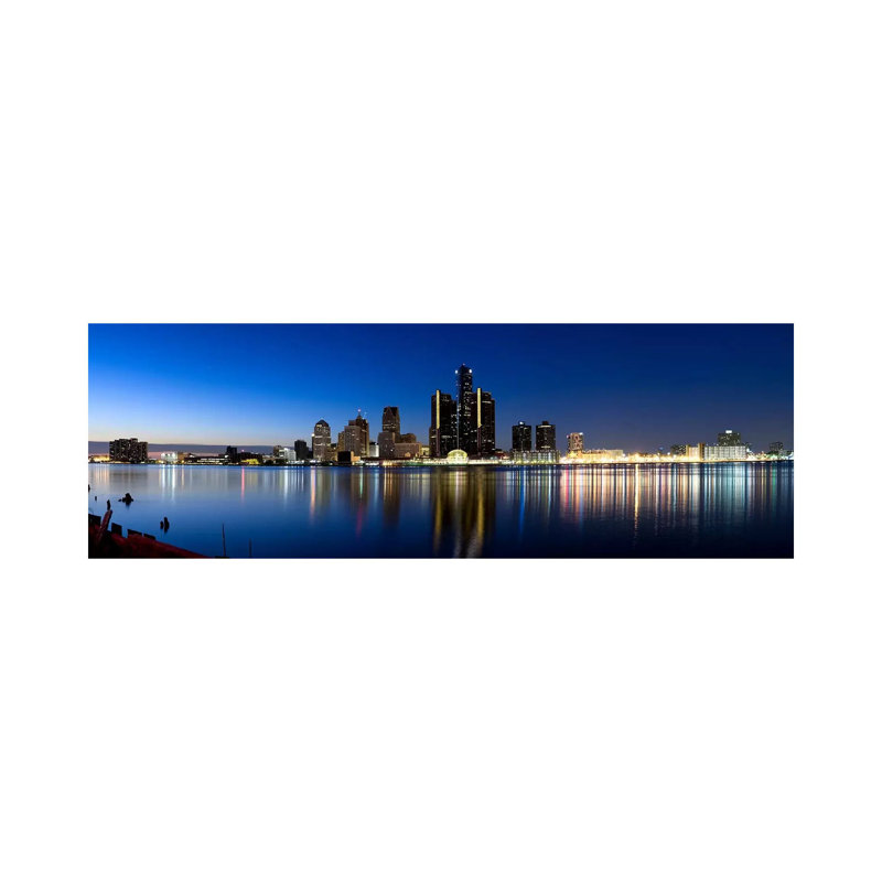 Buildings In A City Lit Up At Dusk, Detroit River, Detroit, Michigan, USA - Wrapped Canvas Panoramic Print