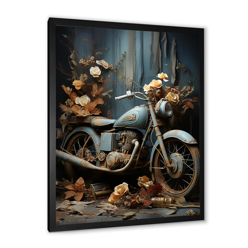 Motocyclette rustique avec fleur d'aventure I, Cadre simple noir, H 44 po x l 34 po x P 1,5 po