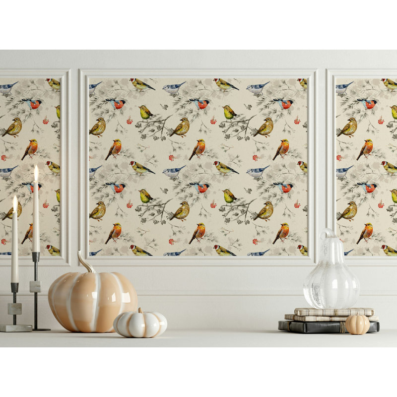 Papier peint rétro à motif de branches d'oiseaux en beige doux, L 115 po x l 225 po