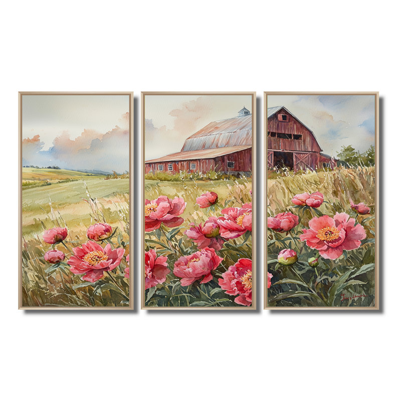 Pivoines dans la brise de basse-cour VI - décorations murales pivoines - 3 pièces, H 40 po x l 60 po, Érable