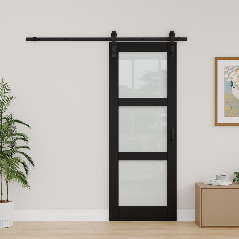 Panneau de porte pré-assemblé, porte de grange coulissante en verre trempé givré en bois massif avec finition noire et portes de salle de bain (fermeture en douceur incluse)