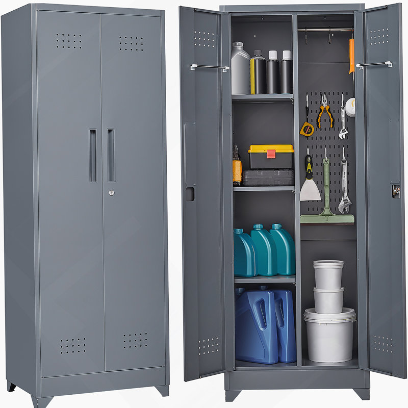 Broom Storage Cabinet With Locking Doors And Shelves, Metal Storage Cabinet With Hanging Rod And S-Hooks, Gray