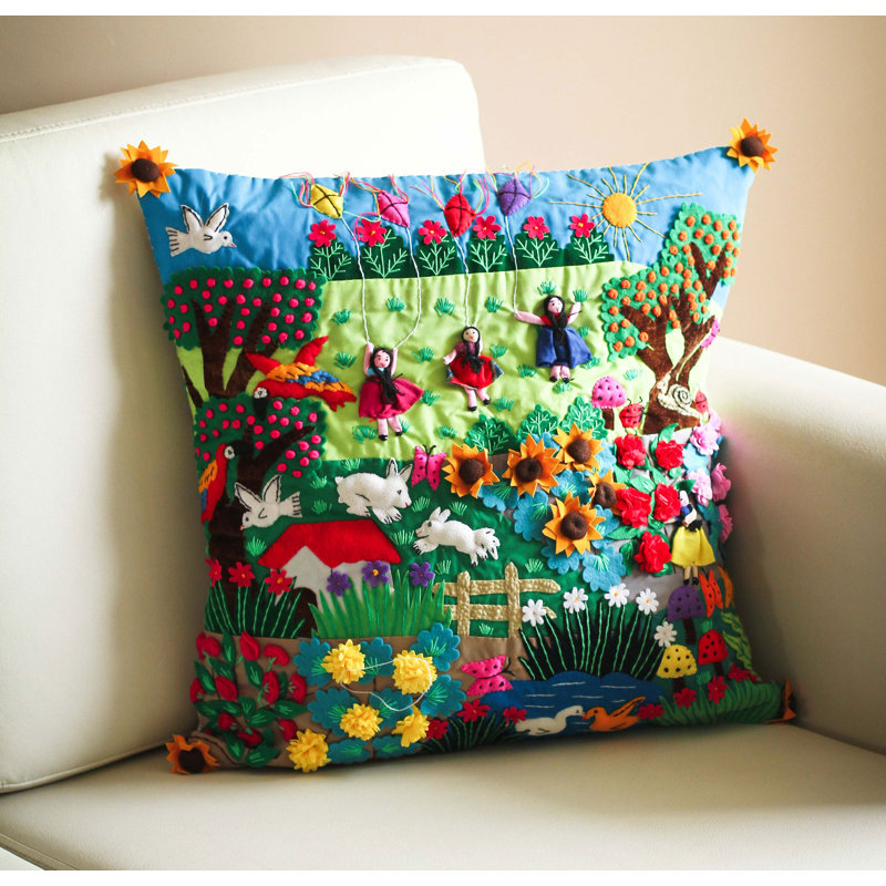 Appliqued Cotton Blend Reversible Pillow Cover