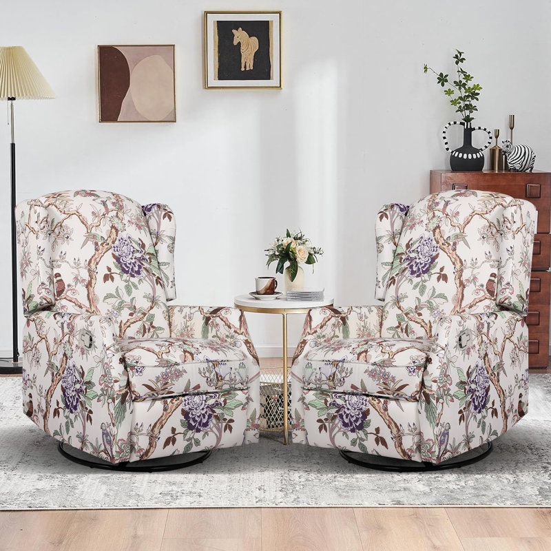 Floral Patterned Wingback Swivel Rocker Recliner Set