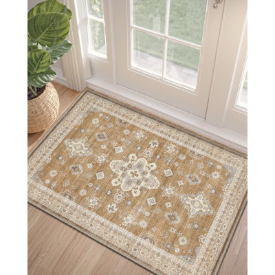 Ultra Thin Washable Entryway Door Mat 24x36 Vintage Small Rug with Non Slip Backing Stain Resistant Low Pile Mats Light Brown