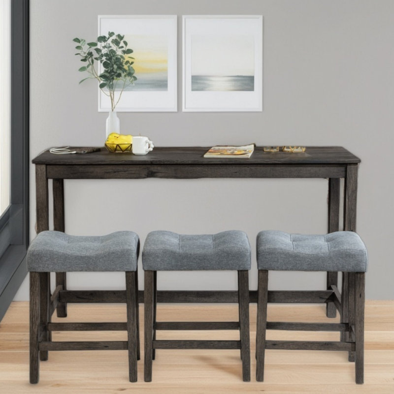 Ensemble de bar électrique 4 pièces avec 3 tabourets rembourrés, table de canapé derrière le salon et la cuisine, gris foncé