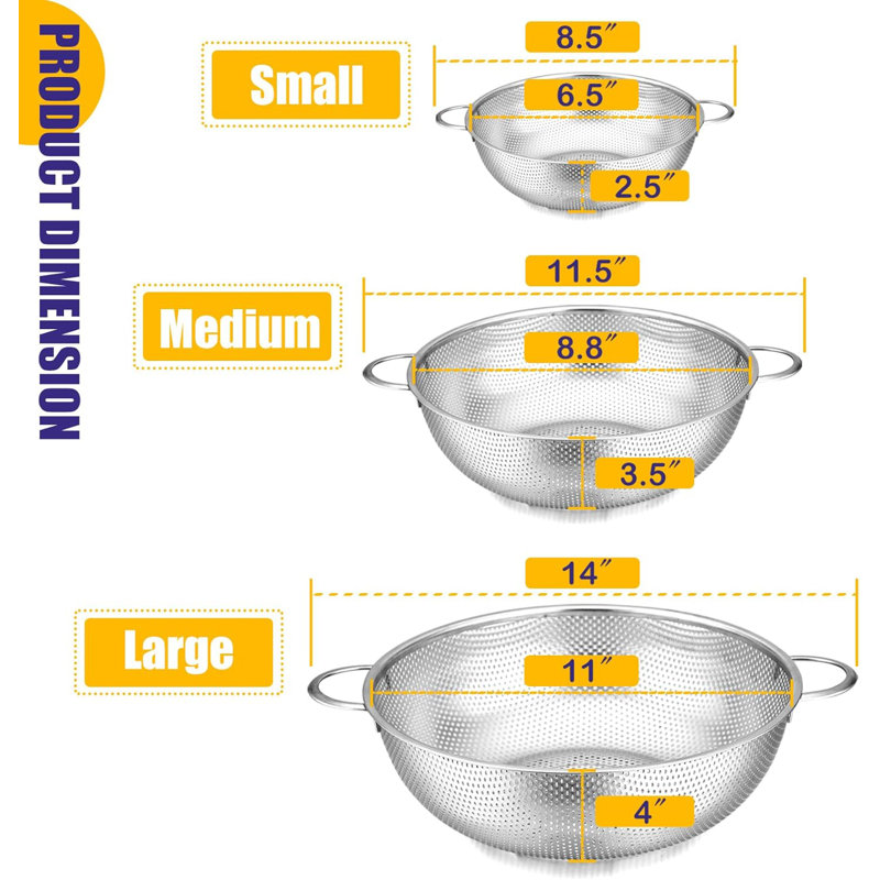 Ensemble de passoires en acier inoxydable 3 pièces (1-3-5 pintes)